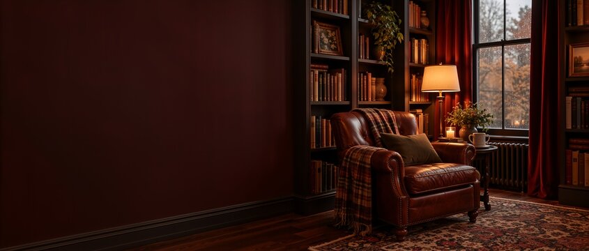 Leather armchair in a personal library with bookshelves filled with books, a lamp, and a window showing rain outside, creating a studious and inviting atmosphere for comfort and relaxation indoors
