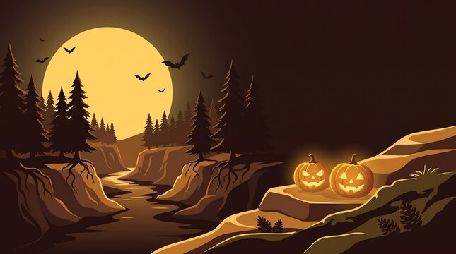 Spooky halloween landscape illustration featuring glowing jack o lanterns and a full moon in these detailed creative digital vectors