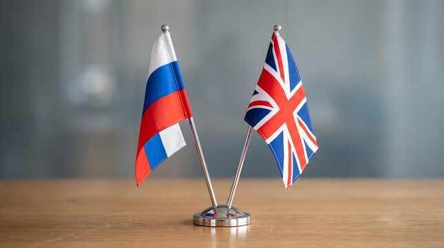 Miniature Russian and British flags on a desk for diplomatic relations