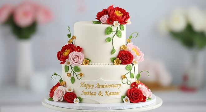 Two-Tier White Anniversary Cake with Colorful Flowers
"Happy Anniversary Jordan & Keren" Personalized Floral Cake
White Cake with Red, Pink and Yellow Flower Arrangement