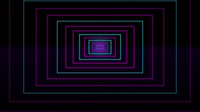 Neon rectangular tunnel motion background: retro synthwave grid animation with glowing purple and cyan light lines for futuristic digital projects