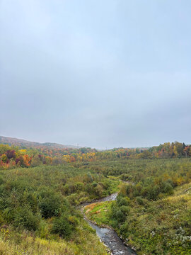 Une rivi&egrave;re en for&ecirc;t en automne. Paysage de montagne en automne, Qu&eacute;bec, Canada.