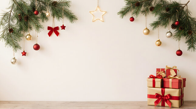 Christmas background with pine branches decorated with red ornaments and a stack of wrapped gift boxes