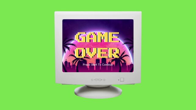 Retro monitor showing 'game over' screen. Synthwave aesthetic, neon palm trees, sunset gradient. Evokes 80s digital nostalgia and classic arcade challenges
