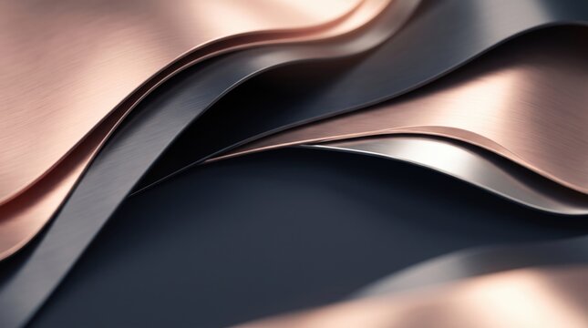 Layered copper black and rose metallic sheets creating smooth waves on a deep luxury background, with luminous depth and refined visual detail