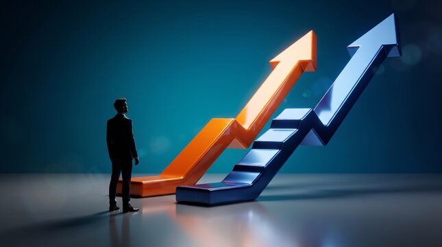 A businessman standing before large glowing orange and blue upward trending arrows representing business growth and success