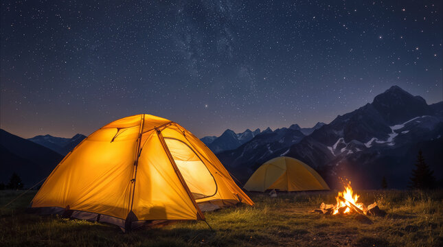 Illuminated camping tents near campfire under starry night sky. Wilderness basecamp in high mountain range.