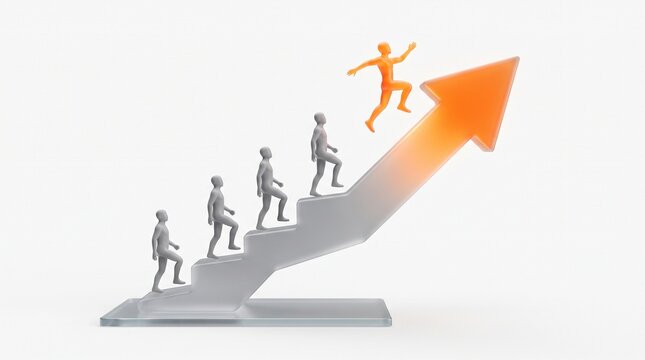 Business concept of a successful leader climbing stairs with an upward arrow representing growth and professional achievement