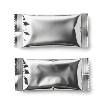 Two sealed packets of foil-wrapped chocolate or candy bars displayed against a white background