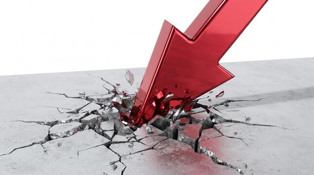 A red arrow pointing downwards crashing through a concrete floor representing financial crisis and market decline