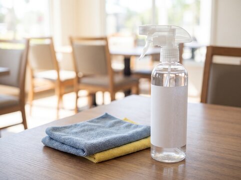 Disinfectant spray bottle and cleaning cloths on a wooden restaurant table