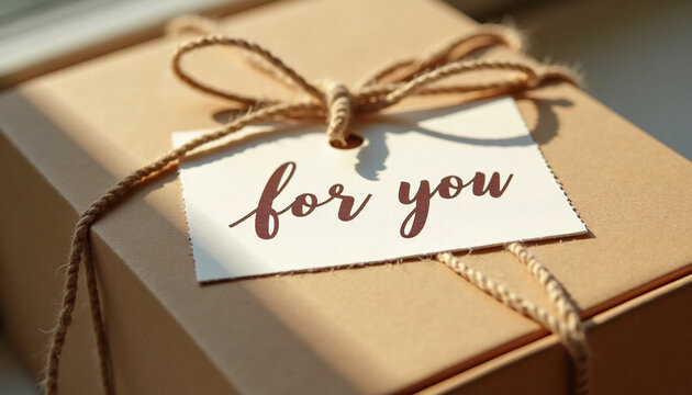 Wrapped craft gift box tied with natural twine string and a tag with the inscription 'for you'