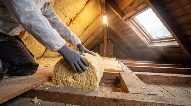 Professional construction worker installing mineral wool thermal insulation roll between wooden roof rafters in attic for home energy efficiency and heat retention