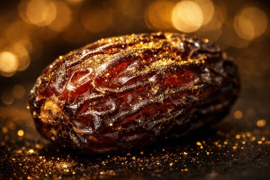 Closeup dried date with golden glitter and warm bokeh for gourmet food background and festive dessert branding