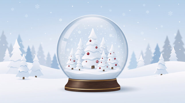 Winter Christmas snow globe with snowy pine forest and falling snow. Elegant festive holiday landscape illustration