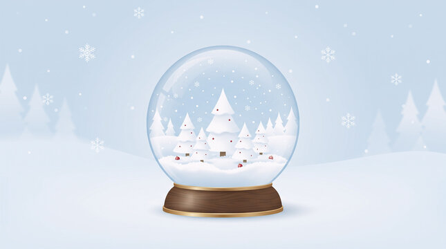 Christmas winter snow globe with snowy pine trees on a soft blue landscape. Festive holiday decoration illustration