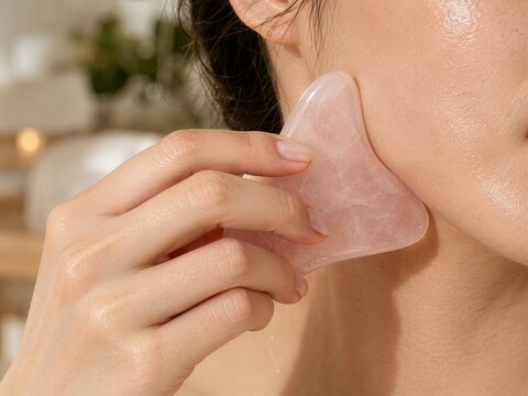 Woman Using Rose Quartz Gua Sha Facial Massage Tool for Skincare