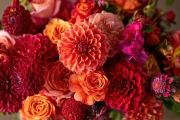 Fototapeta premium Vibrant Autumn Floral Bouquet With Colorful Dahlias And Roses