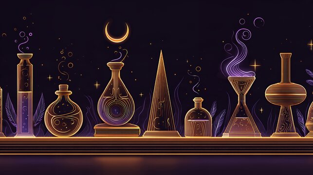 glowing neon line art illustration of magical alchemy potion bottles on a shelf with stars and crescent moon in night sky