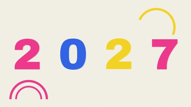 Animated 2027 numbers in playful retro memphis style with colorful kinetic typography, halftone stars, geometric arcs, and party edition sticker badge loop on warm beige background