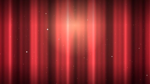 Elegant red velvet theater curtains with sparkling light effects and floating particles for a grand opening or performance