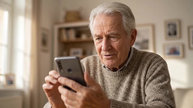 Elderly man learning video call on smartphone warm happy expression.