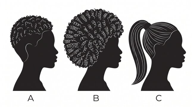 Three black silhouette side-profile portraits of women labeled A, B and C, showing different hairstyles: short curly cropped hair, a large voluminous curly afro, and a long high ponytail, with fine wh
