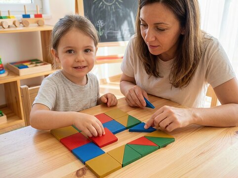 Woman and Child Arranging Colorful Wooden Geometric Tiles