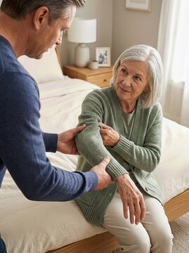 Man Helping Older Woman Adjust Cardigan Sleeve