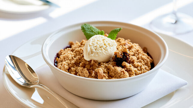 Warm fruit crumble with berry filling, vanilla ice cream, and fresh mint at a restaurant table
