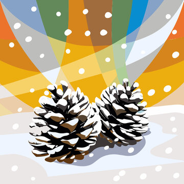 Two snowy pine cones rest on a white drift against a colorful retro sunburst with snow dots. This flat vector design suits winter cards, posters, and festive seasonal graphics