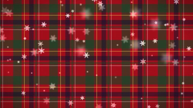 Festive red green tartan plaid pattern with falling snowflakes and bokeh lights for Christmas and winter holidays