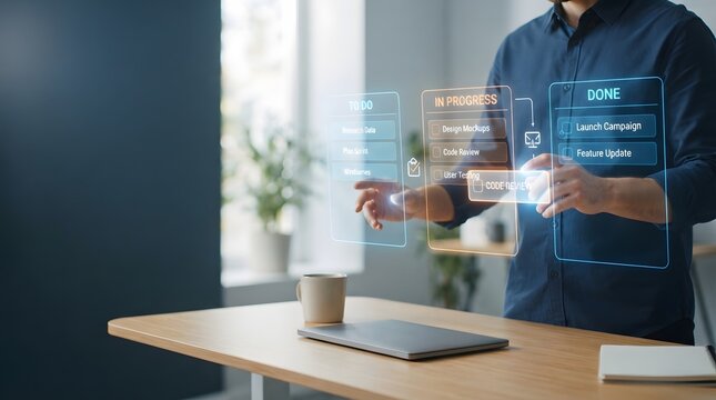 Man interacting with holographic interface displaying project management tasks like to-do, in progress, and done lists