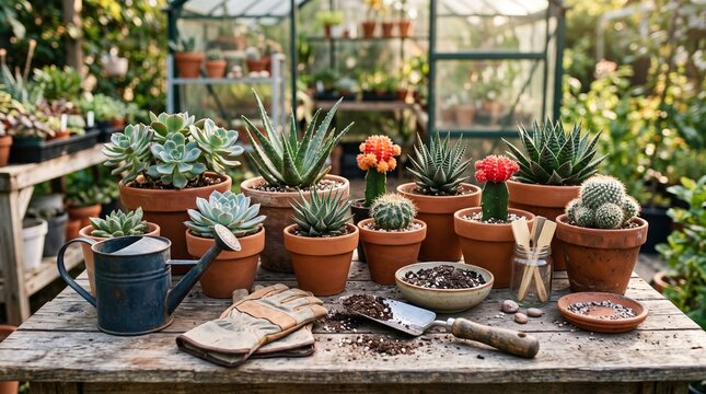 Succulents and cacti in terracotta pots with gardening tools