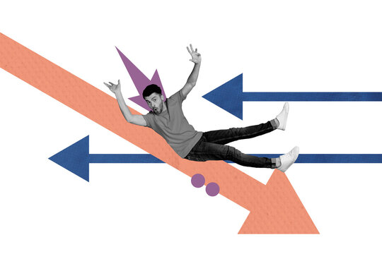 Composite trend artwork sketch image photo collage of&nbsp;huge arrow direction up trader business small young guy confused sit moving way