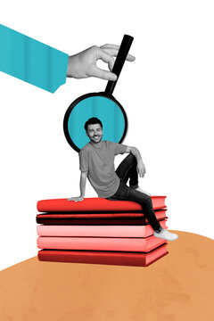 Composite trend artwork sketch image photo collage of young man sit pile book knowledge education outdoors sun cloud study magnifier glass