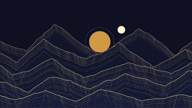 Minimalist mountain landscape background, abstract line art cosmic sunset, dark blue and gold vector banner for website wallpaper Ai file