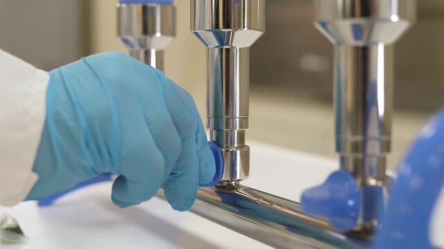 Close-up of scientist turning all valves on stainless steel vacuum filtration manifold one by one