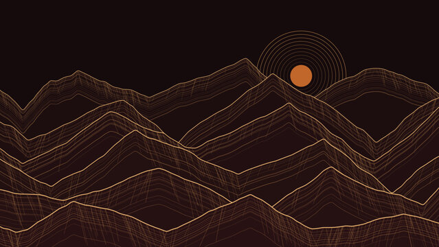 Minimalist mountain sunset line art vector, dark brown and orange ridge landscape illustration, modern abstract peak nature background Ai file