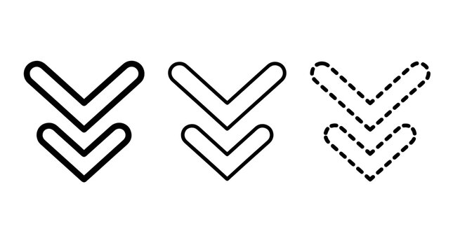 Black double down arrows icon set outline stroke and dashed line style