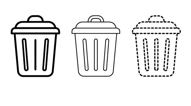Black outline icons of trash can waste bin symbols in three styles