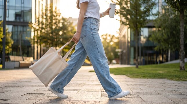 Casual woman walking with canvas tote bag, denim jeans, white sneakers, coffee cup, urban city street, outdoor lifestyle, natural light, modern fashion, relaxed summer style, everyday accessory