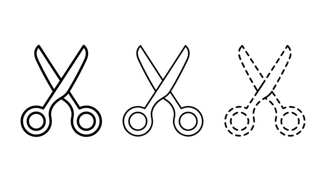 Black outline scissors icons set with solid and dashed line styles