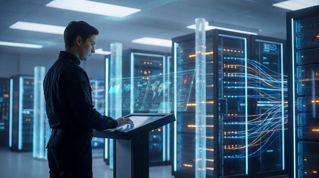 IT engineer managing server room with holographic data interface