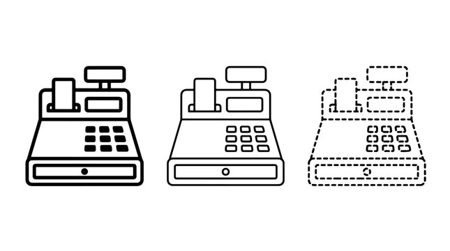 Cash register icons set black line drawing outline style retail symbol
