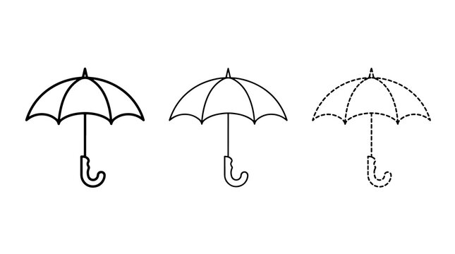 Black outline umbrella icons set with solid and dashed line strokes
