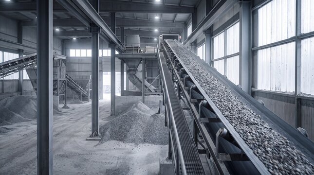 Industrial conveyor belt system moving aggregate inside large factory hall