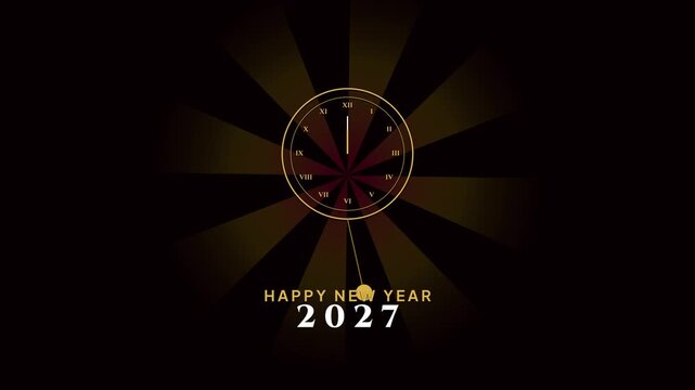 New Year 2027 countdown animation with gold clock and dark background