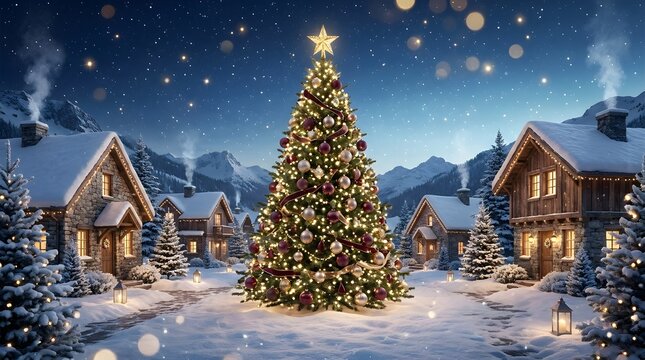 Beautiful decorated christmas tree in a snowy village at night time