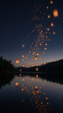Night sky filled with floating lanterns over calm lake during starry evening